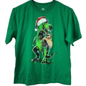 Youth Boys XXL/2XG (18) Green Holiday T-Rex Santa T-Shirt Dinosaur Tee Shirt